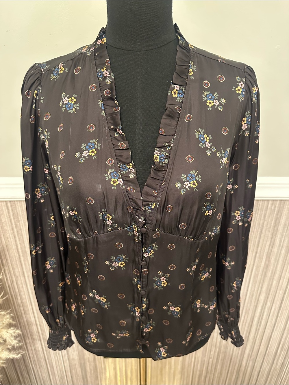 Paige Floral Ruffle Blouse Small Dark Academia Long Sleeve Top - Picture 3 of 8